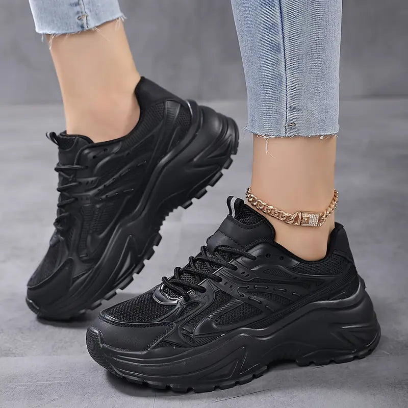 Plus Size Women's Chunky Height Increasing Mesh Sneakers, Casual Solid Color All-Match Walking Sports Trainers