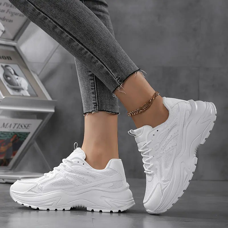 Plus Size Women's Chunky Height Increasing Mesh Sneakers, Casual Solid Color All-Match Walking Sports Trainers